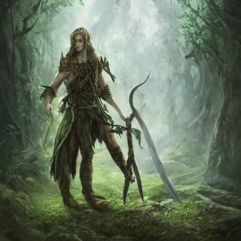 Prompt: forest elf with sword, stream, clouds, grass, forest, trees, facing the woods, lord of the rings style, fantasy, poster, character portrait, intricate and very beautiful and elegant, highly detailed, digital painting, artstation, concept art, smooth and sharp focus, illustration