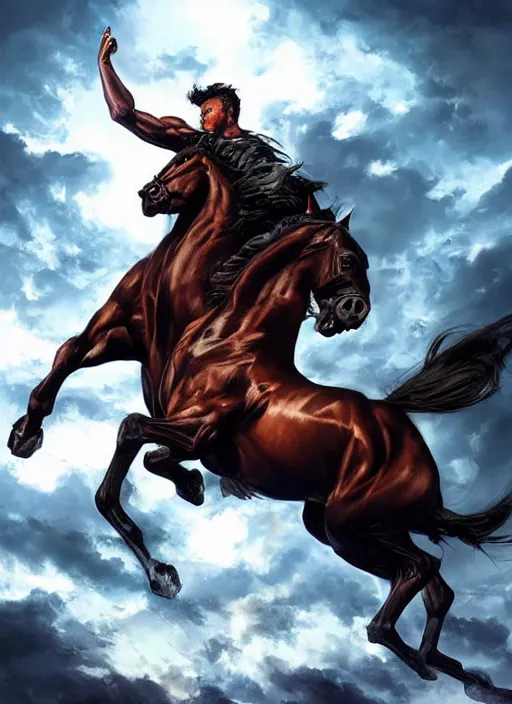 Image similar to the first horseman of the apocalypse is riding a strong big black stallion, horse is running, the strong male rider is carrying the scales of justice, beautiful artwork by artgerm and rutkowski, breathtaking, beautifully lit, dramatic, full view