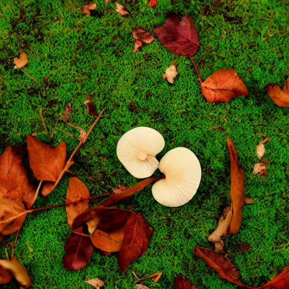 Prompt: a single mushroom, moss and leaves on the floor, depth of field, f / 2. 8, photography