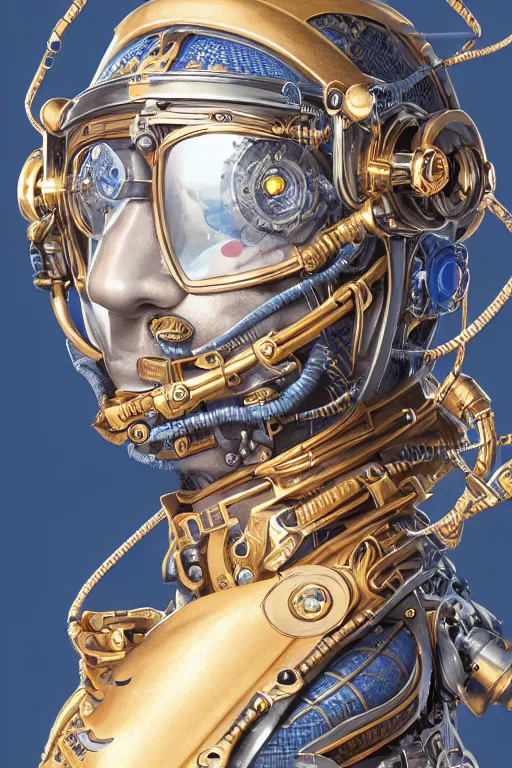 Prompt: Portrait of a steampunk sci-fi cyborg samurai, third person, D&D, sci-fi fantasy, intricate, blue and gold, highly detailed , art by Range Murata, highly detailed, 3d, octane render, bright colors, digital painting, trending on artstation, sharp focus, illustration style of Stanley Artgerm,