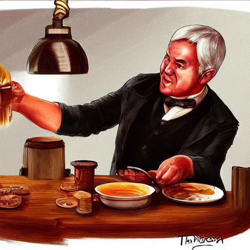 Image similar to thomas edison eating pork stew, trending on artstation