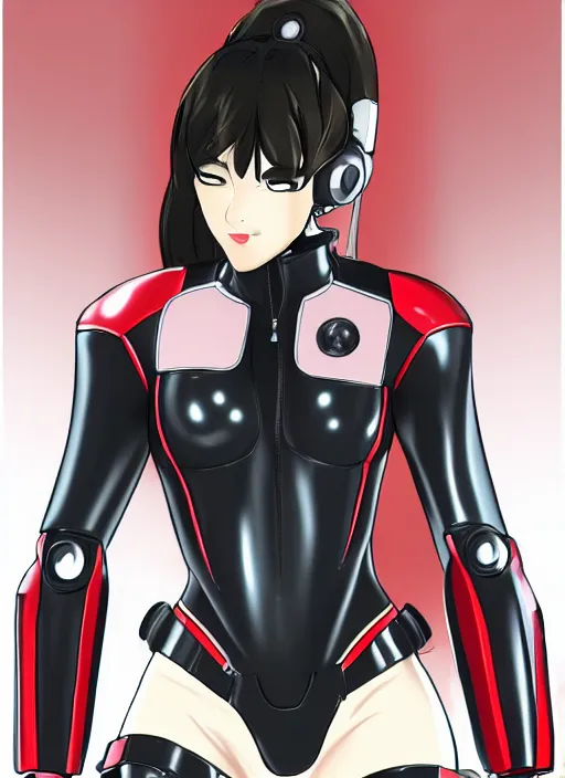 Image similar to Portrait of a female mech pilot in a black latex bodysuit, anime, cel-shaded, highly detailed, monotone, red highlights