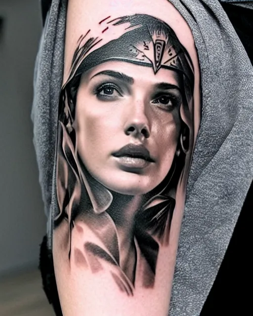 Image similar to creative double exposure effect tattoo design sketch of beautiful gal gadot faded with beautiful mountain scenery, realism tattoo, in the style of matteo pasqualin, amazing detail, sharp