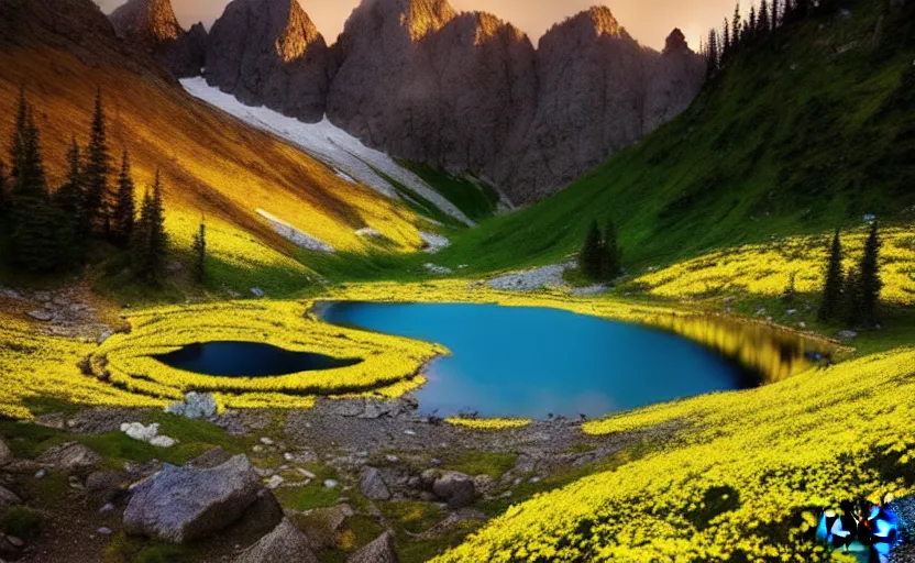 Image similar to photo of epic alpine lake landscape in spring, first light, small amount of yellow flowers, cinematic, cinematic, art by michael shainblum,