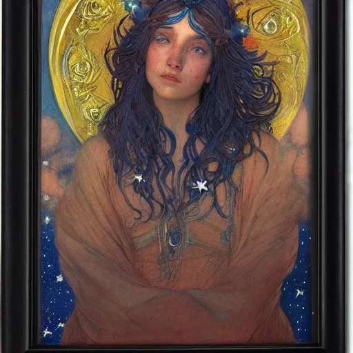 Prompt: queen of the moon with stars in her hair, by annie swynnerton and tino rodriguez and nicholas roerich and jean delville and donato giancola, dramatic lighting, floral tattoos, rich colors, smooth sharp focus, extremely detailed, adolf wolfli