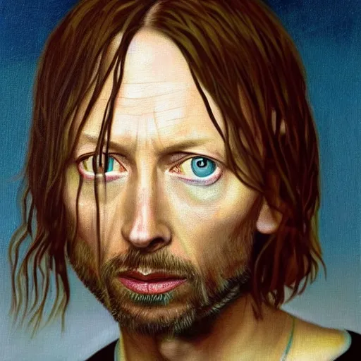 Image similar to Thom Yorke (lead singer of Radiohead) portrayed as Jesus. Hyperrealistic oil painting of Radiohead\'s Thom Yorke mixed with Jesus Christ. Detailed oil painting, Renaissance aesthetic