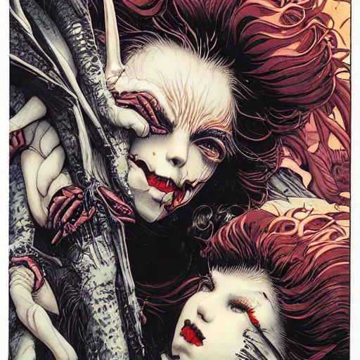 Image similar to closeup of vampire kiss, wax, by yoichi hatakenaka, masamune shirow, josan gonzales and dan mumford, ayami kojima, takato yamamoto, karol bak