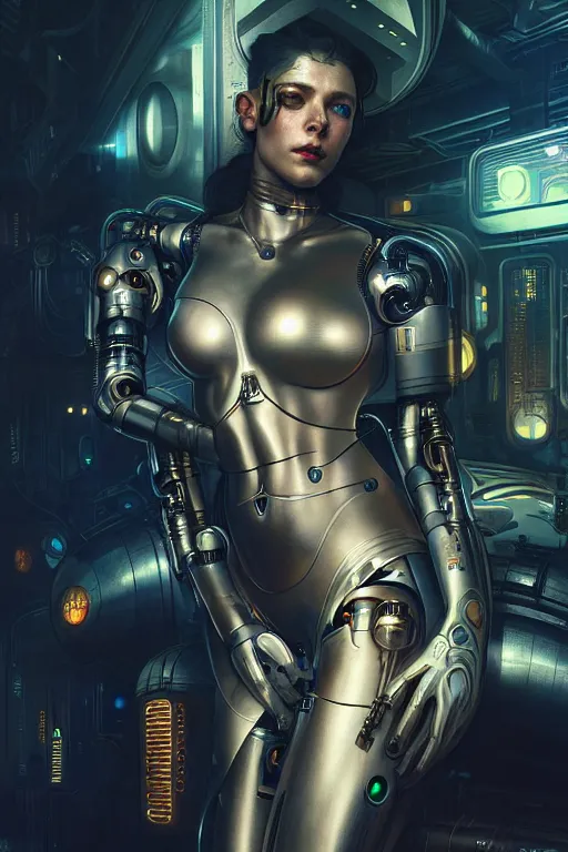 Prompt: ultra realistic, beautiful female cyborg in a crowded smoky cyberpunk club in space megalopolis, sci - fi, intricate details, eerie, highly detailed, octane render, 8 k, art by artgerm and alphonse mucha and greg rutkowski