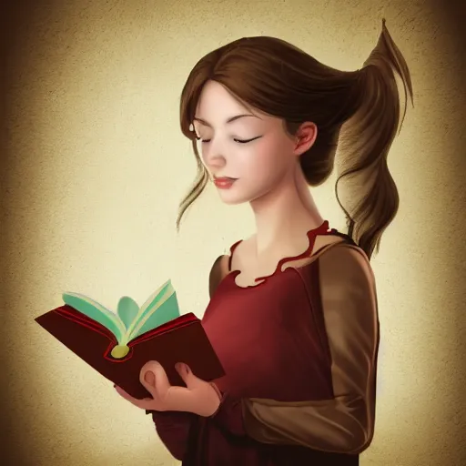 Image similar to dnd style portrait of a girl reading a book, her hair flowing down