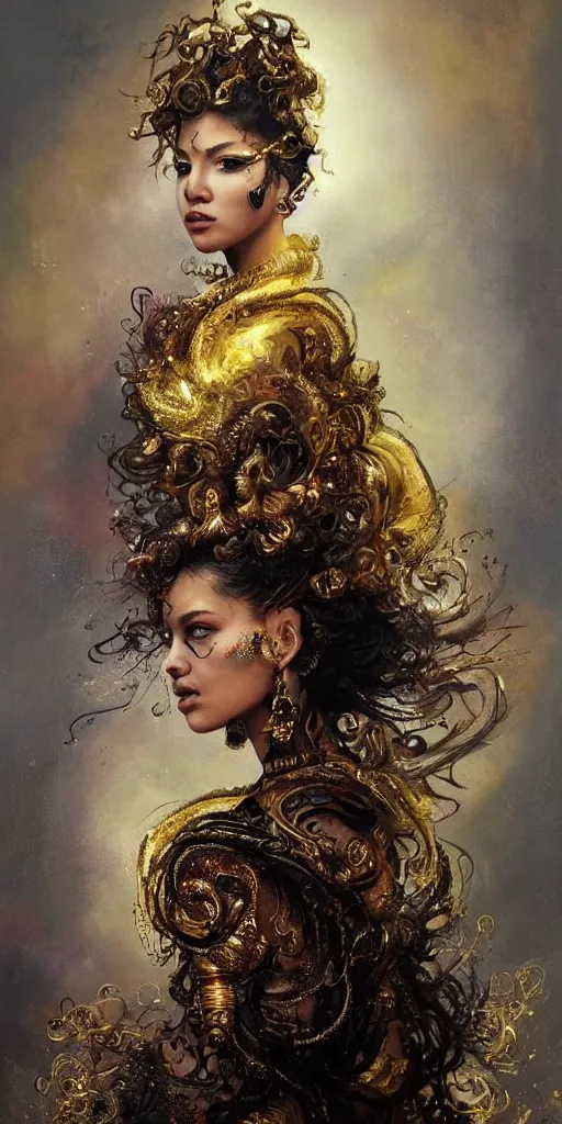 Image similar to an epic painting of a 1 9 years old girl figure, curly messy high bun hairstyle, oriental tattoos, jeweled ornament over forehead, subject wearing a gold and black high fashion gown, flowing, ornate, beautiful, intricate, dramatic earth colors, with few fire red highlights, by jeremy mann and greg rutkowski, oil on canvas, artstation