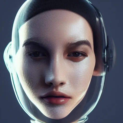 Prompt: woman close up face portrait, wearing transparent glass mask, cyberpunk techwear streetwear clothes, chrometype aesthetics, highly detailed, by andrew chiampo, beeple, artstation, and frederik heyman, extremely detailed woman, stunning volumetric lighting, hyper realism, fantasy, intricate