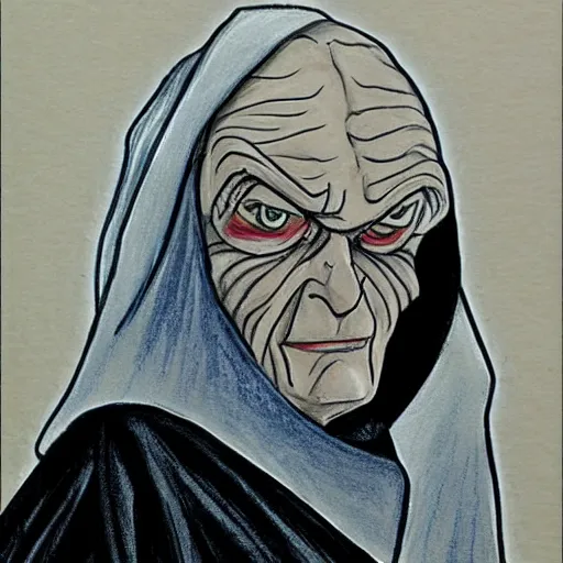 Image similar to courtroom sketch of emperor palpatine on trial