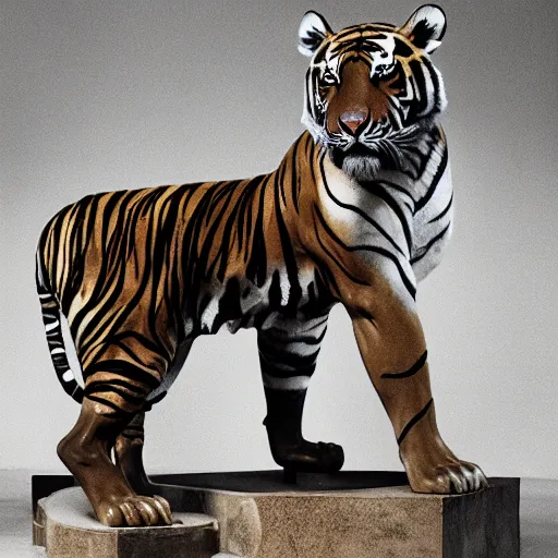 Prompt: a statue of a tiger [ fabricated with [ roses ]!! ], [ 4 k photorealism ]!!, shot by jimmy nelson, irving penn, peter kemp, hans bellmer, and slim aarons