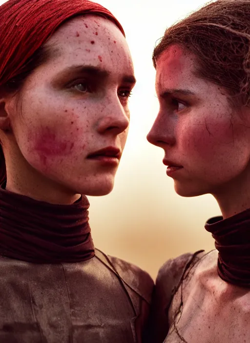 Image similar to cinestill 5 0 d photographic portrait by steve mccurry of two loving female androids wearing rugged black mesh techwear on a desolate plain with a red sky, extreme closeup, cyberpunk style, dust storm, 8 k, hd, high resolution, 3 5 mm, f / 3 2, ultra realistic faces, ex machina, blade runner