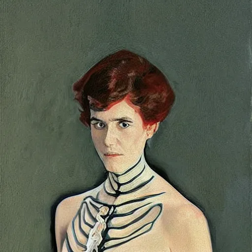 Image similar to portrait painting young woman skeleton, , comic book, elegant, highly detailed, painted by Singer Sargent and David Hockney