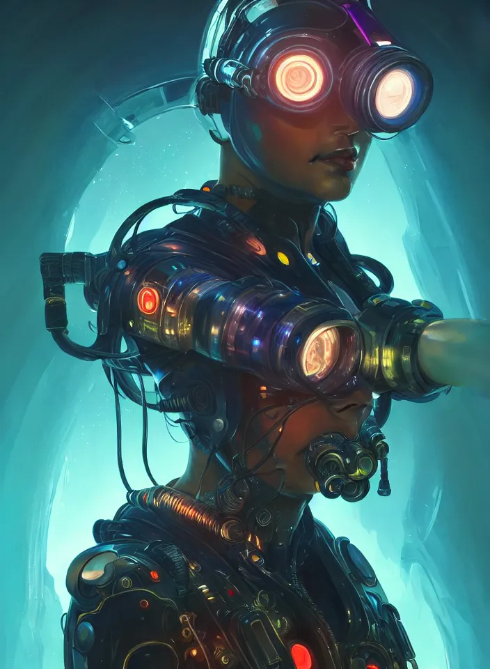Prompt: ymmetry portrait of a cyberpunk diver, sci - fi, tech wear, glowing lights intricate, elegant, highly detailed, digital painting, artstation, concept art, smooth, sharp focus, illustration, art by artgerm and greg rutkowski and alphonse mucha