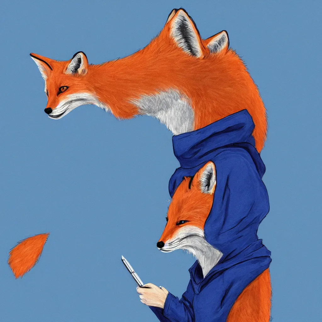 Prompt: a red fox in a blue hoodie on the white background holding a notebook, stroke painting, cartoon style, digital art picture, highly detailed, artstation