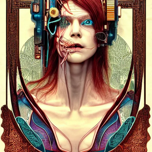 Image similar to cyberpunk beautiful girl, highly detailed labeled medical anatomy poster, anatomical drawing on poster paper with notes, extra beautiful colorful full page antique lithograph of artnouveau borders and designs, muted colors, parchment paper, art print, well - lit, ray tracing, horror, eldritch abomination, hyper realistic, 8 k post - processing