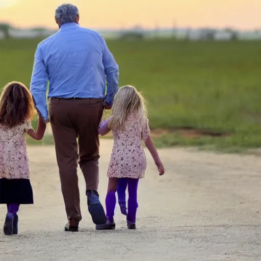 Image similar to jeffrey epstein walking two little girls into the sunset