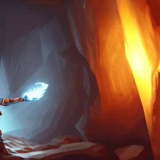 Image similar to a epic hero adventurer holding a torch in a dark cave, artgerm, realistic, cryengine, symmetric