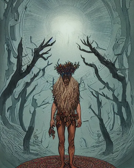 Prompt: a druid standing in a circle at the beginning of the world by james jean