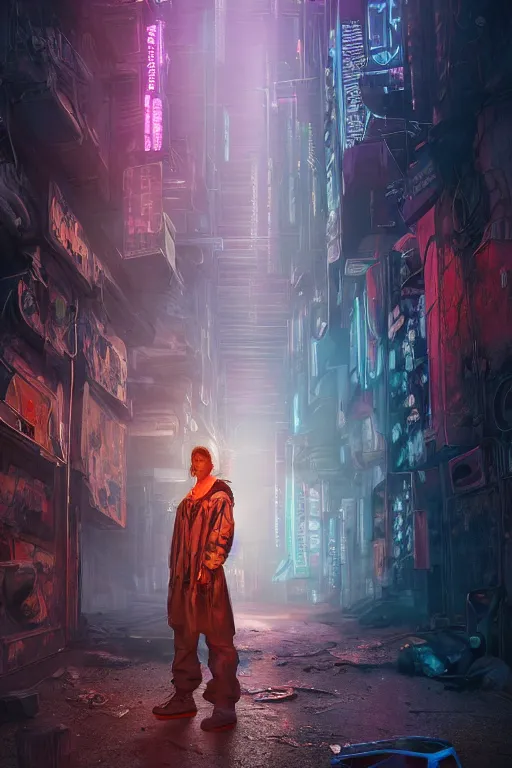 Prompt: cyberpunk seer in a by alexander holllow fedosav and laura zalenga, renaissance nimbus, fantasy cityscape alleyway digital portrait painting, cyberpunk wallpaper, diffused lighting, with red and blue neon ambient lighting, fog, trash and dumpsters in the alley, made by tae young choi and dang my linh, 8 k dop dof hdr