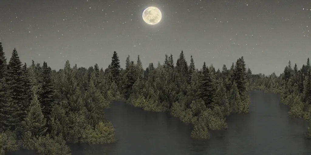 Image similar to a city on the moon with trees. river in the foreground. ocean in on the right. half lit earth in the sky from moon. moon mountains in the background