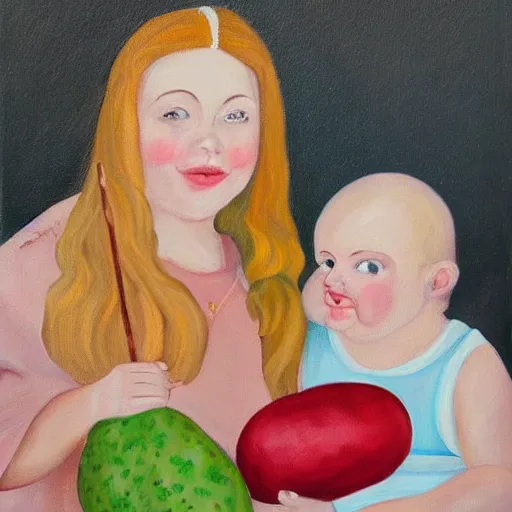 Image similar to a beautiful painting portrait of Miss Steak and her potato toddlers