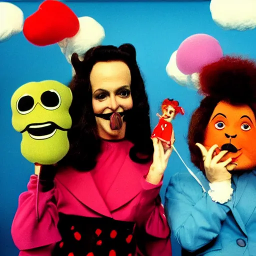 Image similar to !dream a woman wearing an inflatable mouth and holding a a hand puppet, technicolor, john waters, almodovar, expired color film, 1975