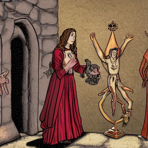 Prompt: rachel bloom as an animated princess looking at a statue of christ covered in bloody severed thief hands in a medieval world with lots of disease and cruelty, digital art