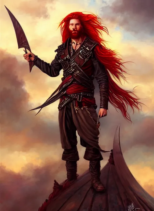 Image similar to an epic fantasy comic book style portrait painting of a long haired, red headed male sky - pirate in front of an airship in the style of eve ventrue