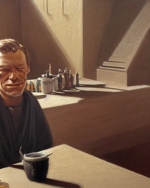 Prompt: rhett sarlin sitting at a table in a cantina on tatooine, portrait by ralph mcquarrie