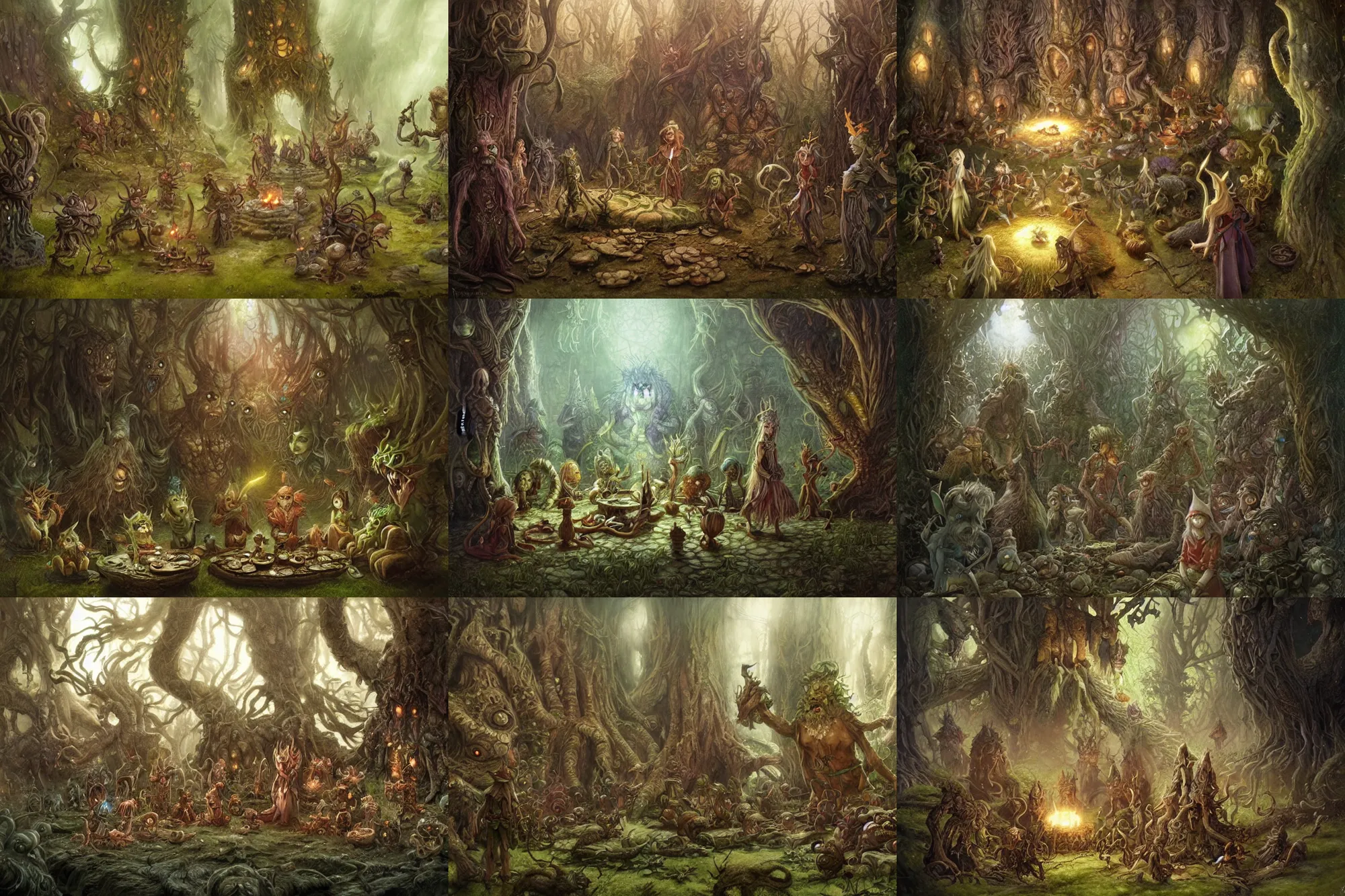 Prompt: elves having a party with tree monsters and some critters by brian froud, highly detailed, intricate, fantasy, concept art, sharp focus, smooth, lighting by greg rutkowski, rich vivid color scheme