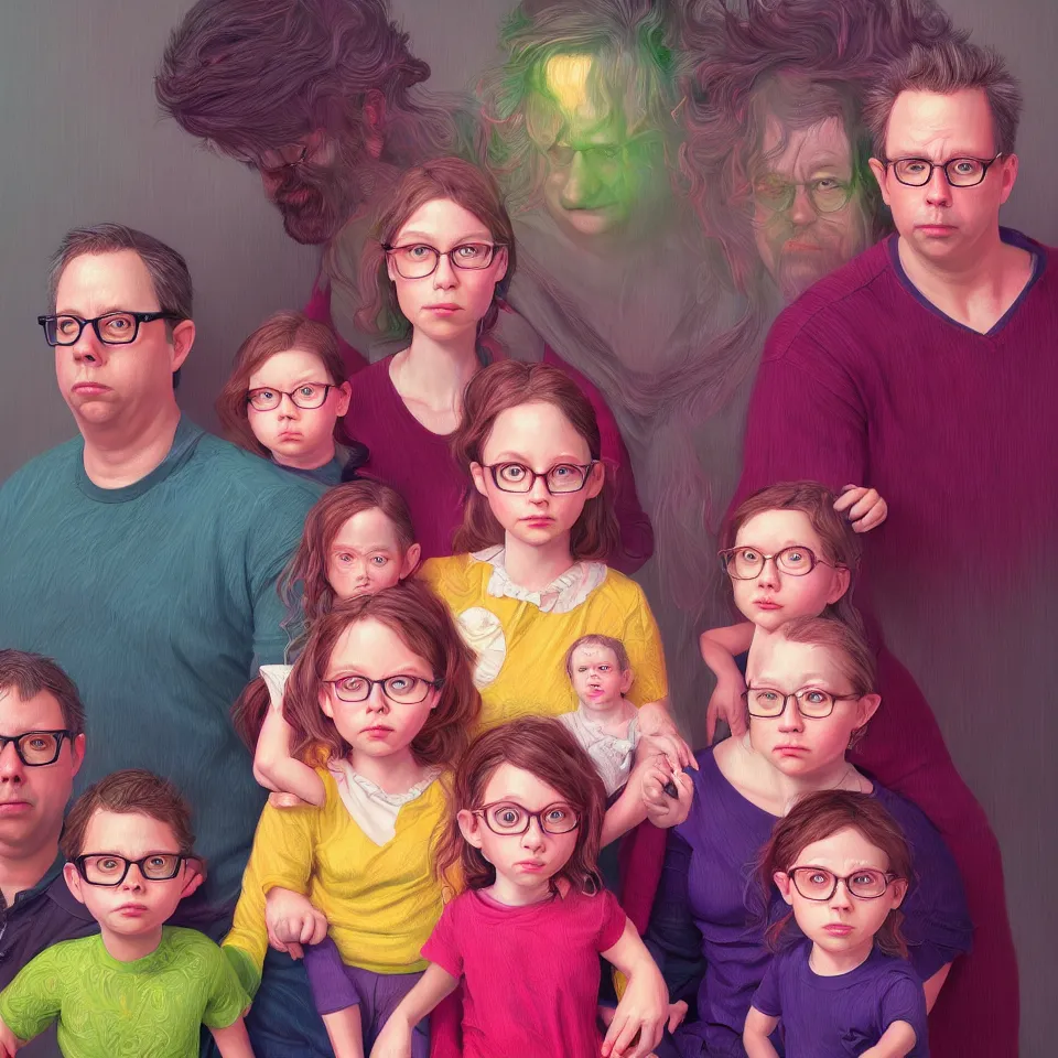 Image similar to bright realistic todd solondz family photo, diffuse lighting, fantasy, intricate, elegant, highly detailed, lifelike, photorealistic, digital painting, artstation, illustration, concept art, smooth, sharp focus, art by francis bacon