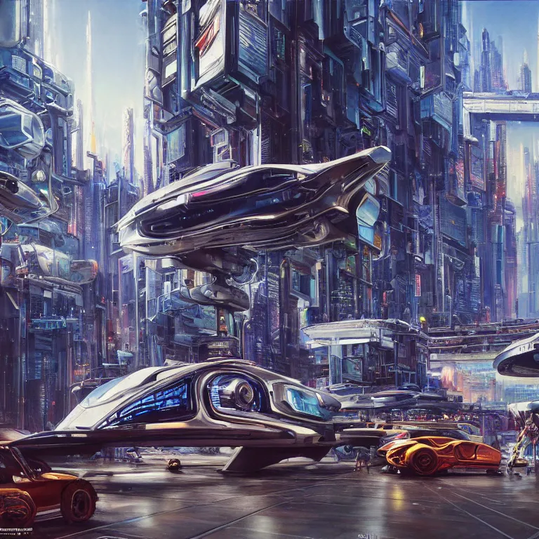 Prompt: hyperrealistic painting of a slice of life from a futuristic city, mechanical designs, futuristic vehicles, robotics, technological, cinematic, cyberpunk style, highly detailed, realism, acrylic on canvas, 8 k resolution, concept art, by noriyoshi ohrai, george luks, james gurney