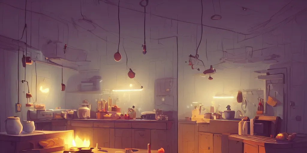 Prompt: epic illustration of a wooden kitchen dim lit by 1 candle doubly so by Goro Fujita and Simon Stalenhag , 8k, trending on artstation, hyper detailed, cinematic