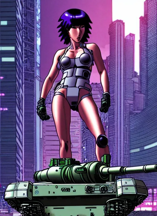 Image similar to motoko kusanagi riding a tank in a grungy cyberpunk megacity, intricate and finely detailed, cyberpunk vaporwave, portrait by j scott campbell, phil jimenez, ilya kuvshinov