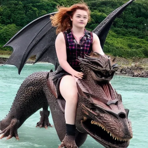 Prompt: british pop star maisie peters riding a dragon across the ocean