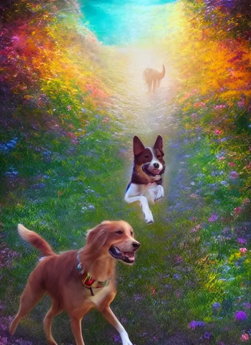 Image similar to a singular beautiful smiling dog running happily towards its owner, ethereal heavenly rainbow bridge in the background behind the dog, tall golden heavenly gates, amazing, stunning artwork, featured on artstation, cgosciety, behance