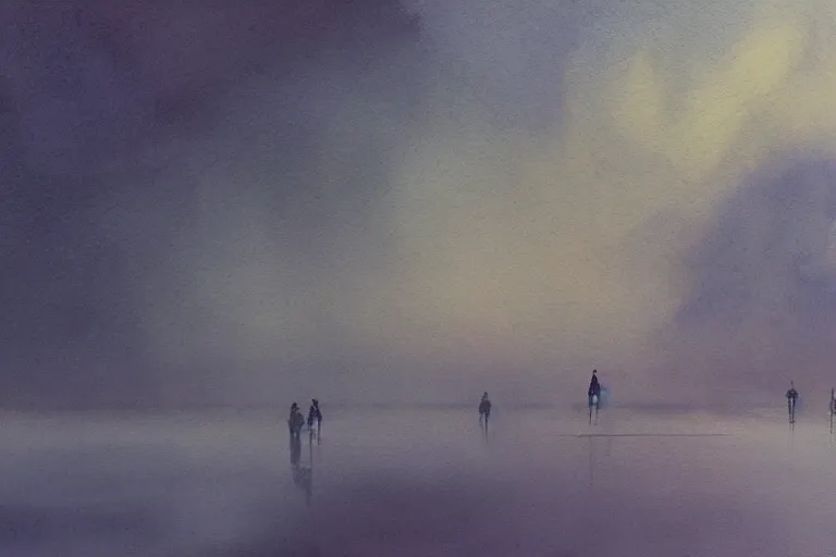 Prompt: astronauts emerged from inside and approached the lake, by john harris, watercolor, artstation