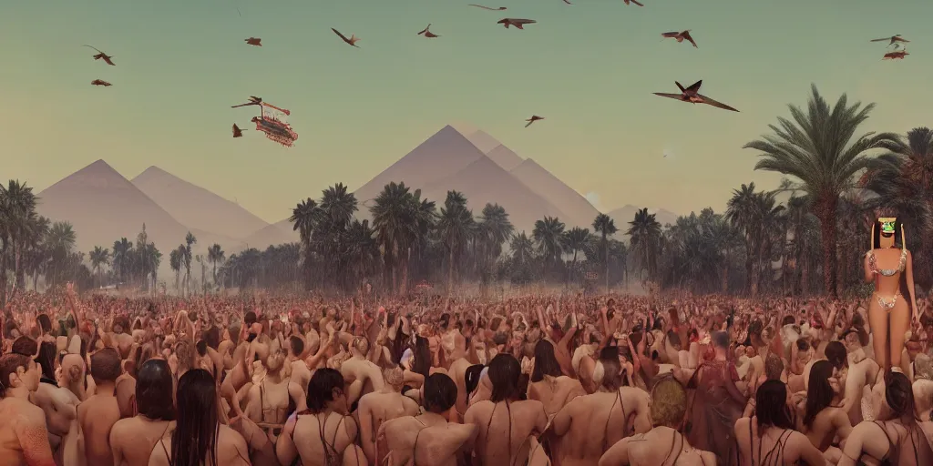 Image similar to realistic cinematic views of a orwellian coachella with wildfires in the background and dead seagulls falling from the sky in front of the main stage worshipping large egyptian styled statues of kim kardashian and kylie jenner, hyper detailed, terror glows, hyper realistic, digital painting, 8 k, 3 5 mm film grain, octane render