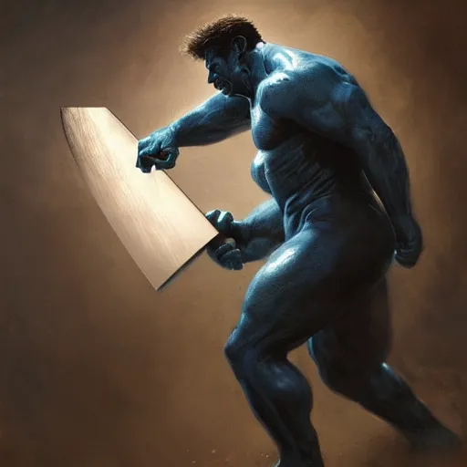 Image similar to artstation concept a midnight blue hulk jolding a meat cleaver, dusty, hyperdetailed, artstation trending, world renowned artists, worth 1 0 0 0. com, historic artworks society, antique renewel, cgsociety, by greg rutkowski, by gustave dore, deviantart