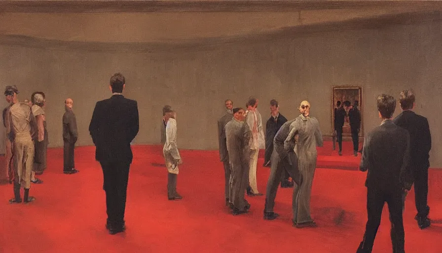 Image similar to painting by borremans, man back standing in front on the mirror in opera theatre scene with red carpet, detailed, stunning