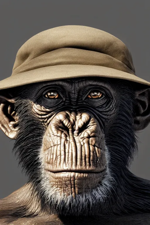 Image similar to portrait of an old chimpanzee wearing a elegant hat, intricate wrinkles, dystopian, sci-fi, evening light, extremely detailed, hands, digital painting, sculpted in zbrush, artstation, concept art, smooth, sharp focus, illustration, chiaroscuro lighting, golden ratio, incredible art by Stanley Artgerm Lau and Greg Rutkowski, composition by Alphonse Mucha and Simon Stalenhag