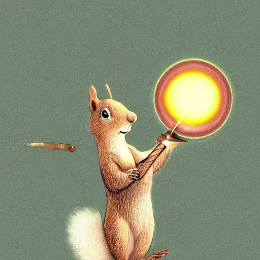 Image similar to A squirrel holding a glowing sphere in one paw and a sword in the other, fantasy illustration