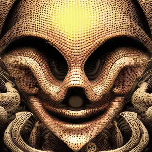 Image similar to an insanely detailed cibernetic artwork of a futuristic artificial intelligence superstar, centered image, perfectly symmetrical alien face, with frames made of detailed fractals, octsne render, 4k, insanely detailed, detailed grid as background, cgi