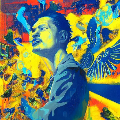 Image similar to a joyful golden blue hacker surrounded by birds, neon virtual networks, and information visualization, oil on canvas inspired by dave mckean and yoji shinkawa