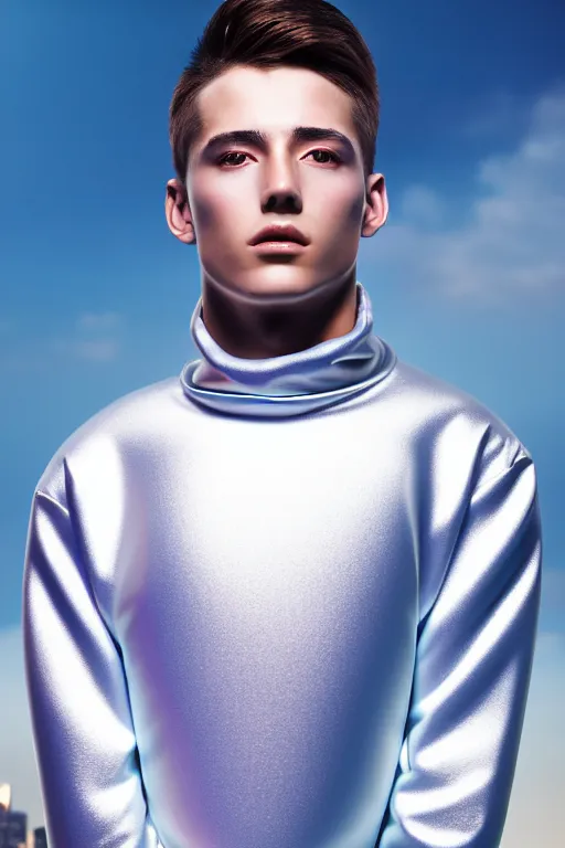 Image similar to un ultra high definition studio quality photographic art portrait of a young man standing on the rooftop of a british apartment building wearing soft baggy inflatable padded silver iridescent pearlescent clothing. three point light. extremely detailed. golden ratio, ray tracing, volumetric light, shallow depth of field. set dressed.