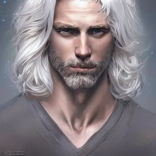 Image similar to david the destroyer, handsome, white hair, soft hair, upper body, muscular, hairy torso, fantasy, intricate, elegant, highly detailed, digital painting, artstation, concept art, smooth, sharp focus, illustration, art by artgerm and greg rutkowski and alphonse mucha