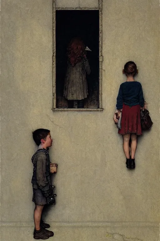 Image similar to a 1 2 year old boy and 3 year old girl looking at a wall full of ghosts, part by norman rockwell, part by greg rutkowski, part by mattias adolfsson, high angle, ( ( ( ( volumetric lighting ) ) ) ), oil on canvas